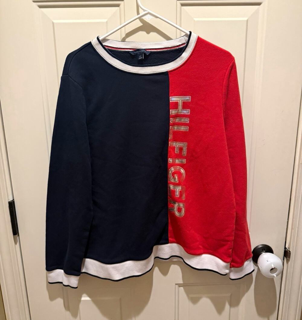 Tommy Hilfiger Women’s Logo Colorblock Crewneck Pullover Sweatshirt L Blue